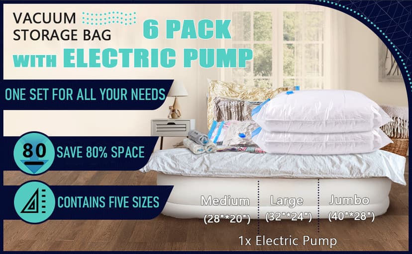 Vacuum Seal Bags for Clothing with Electric Pump, 6 Pack (2 Jumbo 2 Large 2 Medium Vacuum Storage Bags) Space Bags Vaccine Vacuum Sealed Storage Bags for Travel Luggage Blankets Bedding