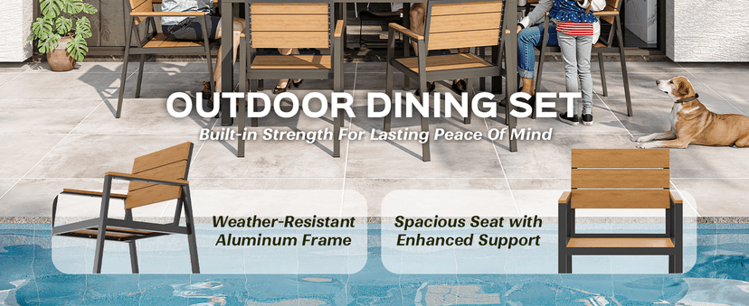 Vexwalx 7-Piece Outdoor Dining Set, Aluminum Dining Table Set for 6, Patio Table and Chairs Set with Umbrella Hole, All Weather HDPS Outdoor Table and Chairs for 6 (Gray-Teak)