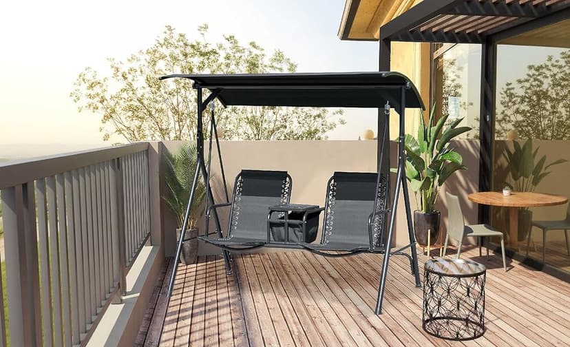 Outsunny 2-Seater Patio Swing Chair, Outdoor Canopy Swing Glider with Pivot Storage Table, Cup Holder, Adjustable Shade, Bungie Seat Suspension and Weather Resistant Steel Frame, Black