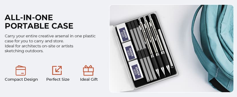 Nicpro 0.7 mm Art Mechanical Pencil Set in Storage Case, 3 PCS Metal Drafting Pencil Lead Pencil with 6 Tube HB Lead Refills, 3 Erasers, 9 PCS Eraser Refills for Artist Writing, Drawing, Sketching