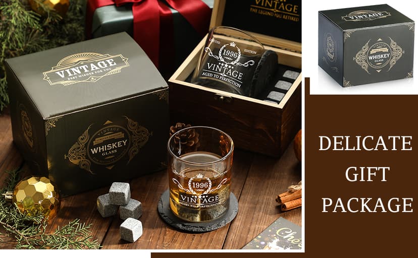 30th Birthday Gifts for Men Whiskey Glass Set - 30th Birthday Decorations, Party Supplies - 30 Year Anniversary, Bday Gifts Ideas for Him, Dad, Husband, Friends - Wood Box & Whiskey Stones & Coaster B0BJCWJDC4