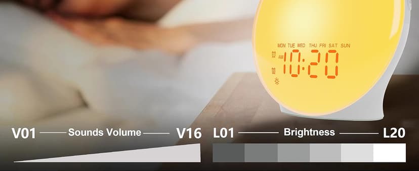 Wake Up Light Sunrise Alarm Clock for Bedroom, 17 Nightlights, Sound Machine with 5W Bluetooth Speaker, 25 Soothing Sounds, SleepTimer, Dual Alarms, FM Radio, Ideal Gift for Baby, Kids, Adults, Senior