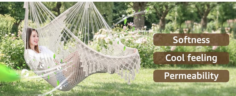 Chihee Hammock Chair Handmade Hanging Chair Cotton Rope Woven Hanging Seat Soft-Spun Large Stretch Hammock Swing, Collapsible Strong Metal Spreader Bar Elegant Macrame Comfort Indoor Outdoor Garden