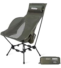 Wildhiker Portable Compact Folding Camping Chairs – Lightweight High Back with Pillow, Deep Recline, ArmPads, Side Pockets-for Motorcycle, RV, Backpacking, Travel, Festival – Black