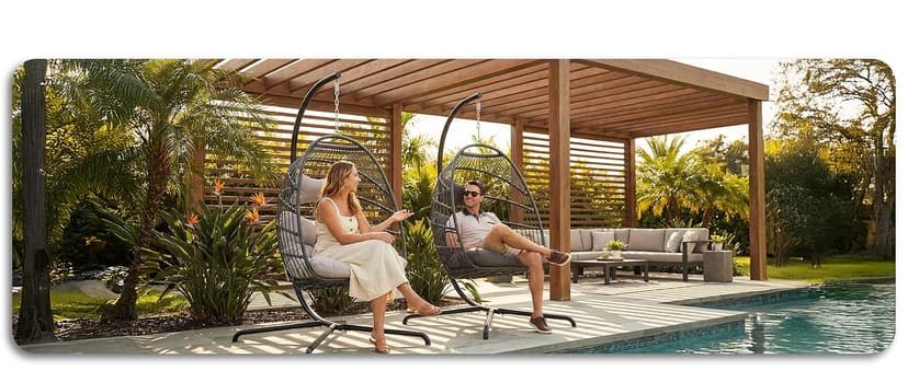 NICESOUL Hanging Egg Chair with Stand Indoor Outdoor, Comfy Patio Rattan Swing Hammock Chairs with Cushion, 350lbs Capacity Egg Shaped Chair for Lawn Backyard Balcony Bedroom, Birthday Gift, Beige