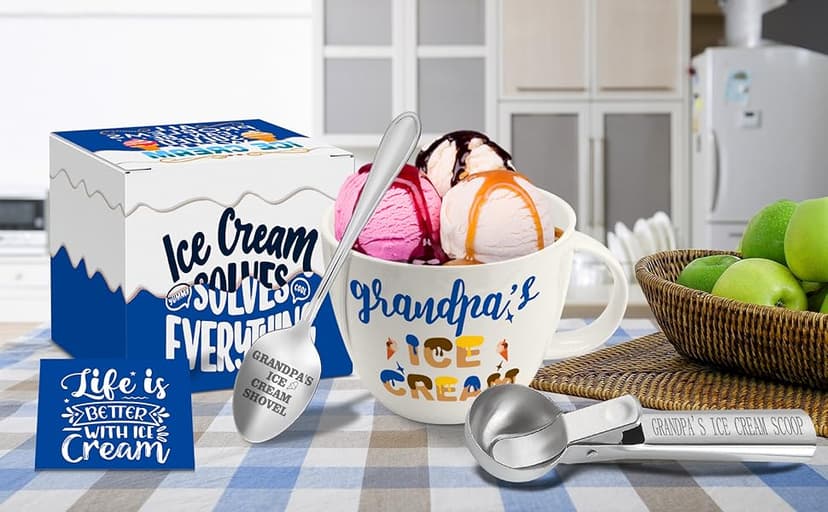 Grandpa Gifts, Grandpa Birthday Gift from Grandkids, Grandpa's Ice Cream Bowl Scoop Shovel Spoon Set, Grandpa’s Ice Cream Gift, Christmas Birthday Grandparents Day Present for Him Man