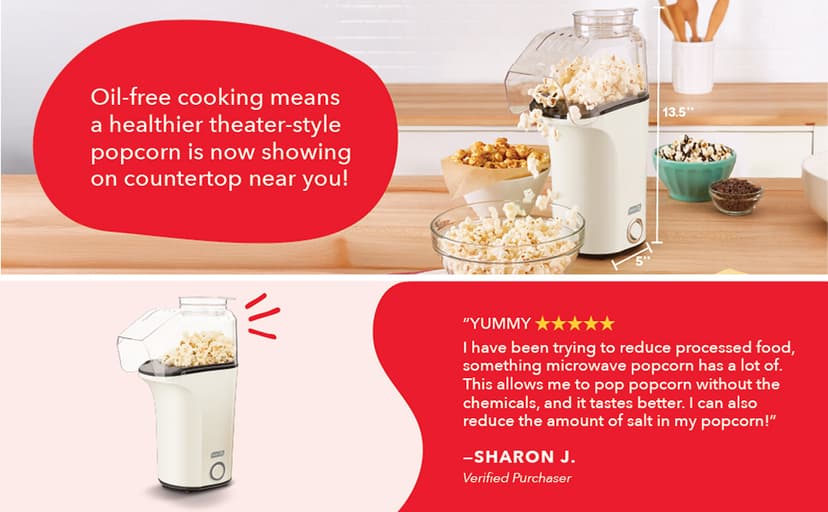 Popcorn Machine, Oil-Free Air Popped Popcorn, Built-In Measuring Cup & Butter Melting Tray, Movie Night Snacks Dash Fresh Pop Popcorn Maker, Electric Hot Air Popper, 16-Cup, White B07NWDSVPP