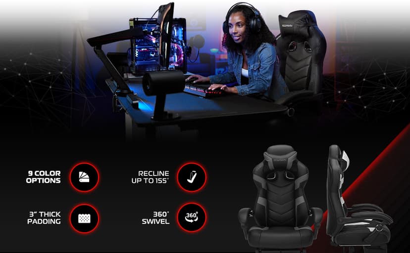 Respawn 110 Pro Ergonomic Gaming Chair with Footrest for Adults - Comfortable Office Gaming Recliner with Lumbar Support and Headrest, Racing Style Video Game Chairs for Computer Gamer - Gray Fabric