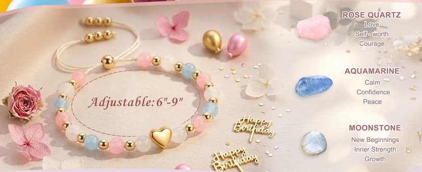 Natural Healing Crystal Bracelets, Aquamarine Moonstone Rose/Clear Quartz Adjustable Beaded Bracelet, Gifts For Teen Girls Sereney Birthday Gifts for Girls, 9-18 Year Old Birthday Crystal Bracelets B0GS1K1FNR
