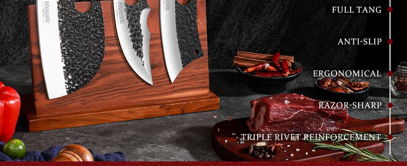 Huusk Butcher Knife Set Hand Forged Serbian Chef Knife Viking Boning Knife Cleaver Knife 3PCS Kitchen Knife Set for Meat Cutting Home & Outdoor Cooking BBQ Knives Gift for Men