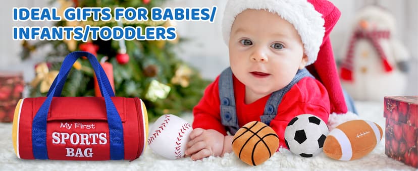 KMUYSL Baby Toys 0-12 Months, My First Sports Bag Plush Toy - 4 Sensory Balls Soft Toys with Crinkle, Rattles for 0-3-6-9-12 Month Newborn Infant, 1st Birthday for Babies Boys Girls Age 1