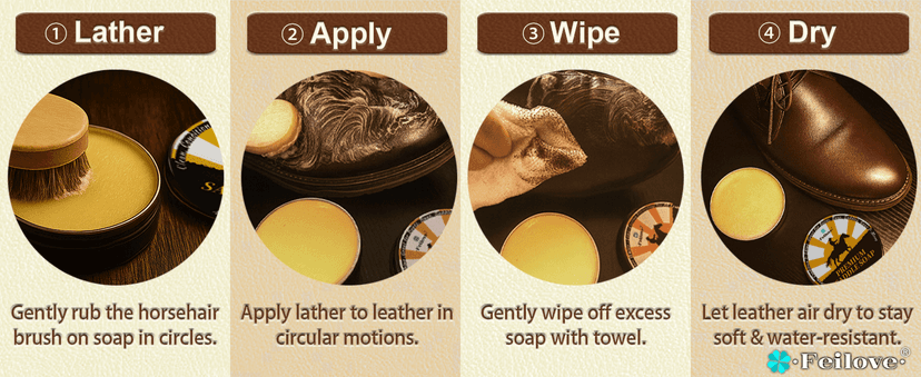 Feilove Saddle Soap for Leather – All-Natural 3-in-1 Leather Cleaner & Conditioner Kit with Horsehair Brush & Cloth – For Boots, Bags, Saddles, Car Interiors, Shoes 3.52oz