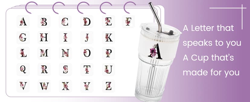 Initial Glass Cup with Lid Straw Ribbed Ice Tea Clear Tumbler Her Sister Coffee Matcha Latte Girlfriend Gf Aunt Best Friend Friendship Bestie Wife Cute Asthetic Unique Birthday Personalized Gift K