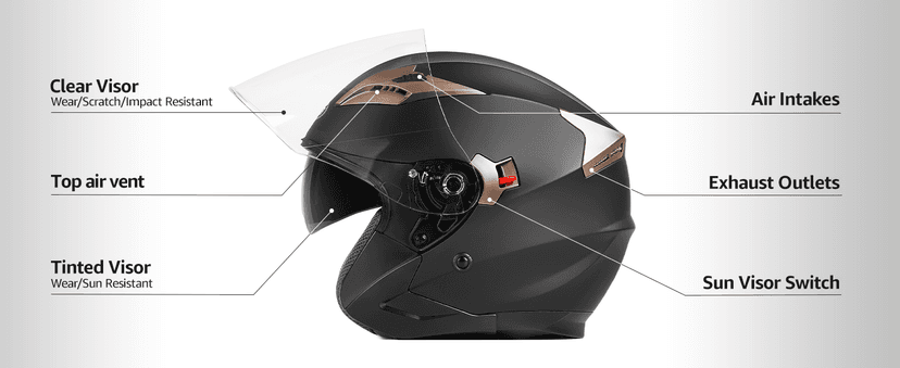 YEMA Open Face Motorcycle Helmets, DOT Approved 3/4 Moped Helmet Dual Visor Quick Release Buckle, Helmets for Adults Motorcycle Men Women Helmets for Moped Scooter Streey