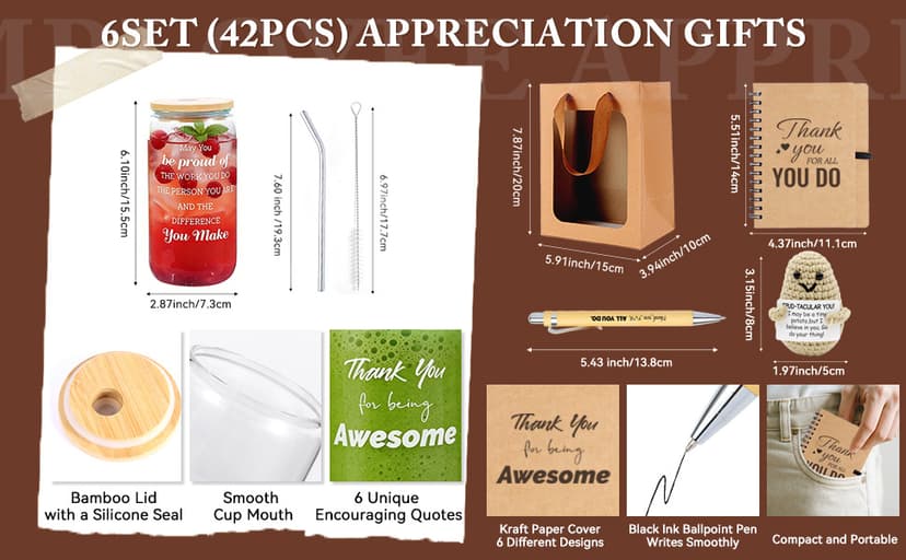 42 Pcs/6 Sets Employee Appreciation Gifts Bulk - Includes 16oz Glass Cups with Bamboo Lid, Positive Crochet, Inspirational Notebooks with Pens, Kraft Paper Gift Bags & Straw - Thank You Gifts for Coworkers, Teachers, Staff & Team B0G5MPS7K6