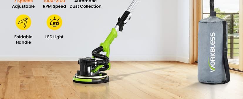 WorkBless Drywall Sander, 1050W 7.2A Popcorn Ceiling Removal Tool, Automatic Drywall Sander with Vacuum Dust Collector, 7 Variable Speed 1000-2100RPM, 15Pcs Sanding Discs(Green)