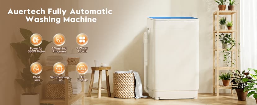 Auertech 18 lbs Portable Washing Machine, Fully Automatic Portable Washer with LED Display, 7 Wash Cycles, 4 Water Levels, Top Load Washing Machine for Apartment, RV, Dorm, Home