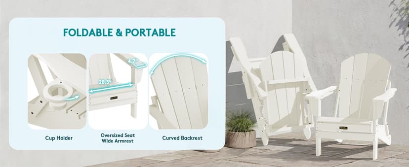 SERWALL Folding Adirondack Chair Set of 2, All Weather Patio Chair with Wood Texture, Fire Pit Chairs for Outdoor - White