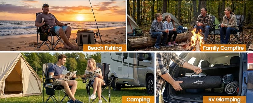 FAIR WIND 2 Pack Fully Padded Oversized Camping Chair Heavy Duty Lawn Chair Set with Adjustable Lumbar Support, Cooler Bag & Cup Holder for Camp, Outdoor,Sports - Support 500LBS