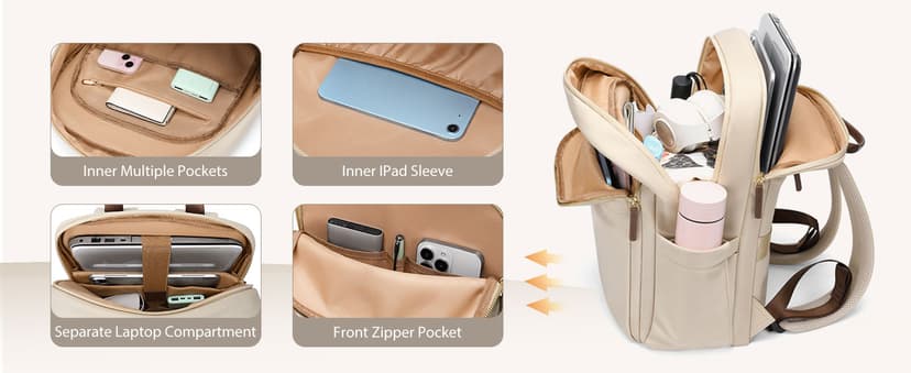 GOLF QUALITY Travel Backpack for Women Personal Carry On Bag Business Weekender Hiking Multilayer Laptop Bag,16 Inch,Apricot