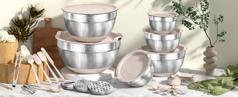 Mixing Bowls with Airtight Lids Set, 26PCS Stainless Steel Khaki Bowls with Grater Attachments, Non-Slip Bottoms & Kitchen Gadgets Set, Size 7, 4, 2.5, 2.0,1.5, 1QT, Great for Mixing & Serving