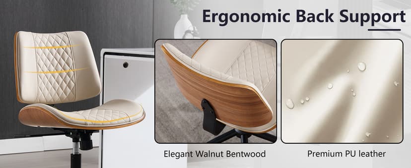 Home Office Chair No Arms with Wheels, Adjustable Height Small Desk Chair, PU Leather Mid Back 360 Swivel Computer Chair, Armless Modern Walnut Chair for Office, Reading Meeting Room(Beige)