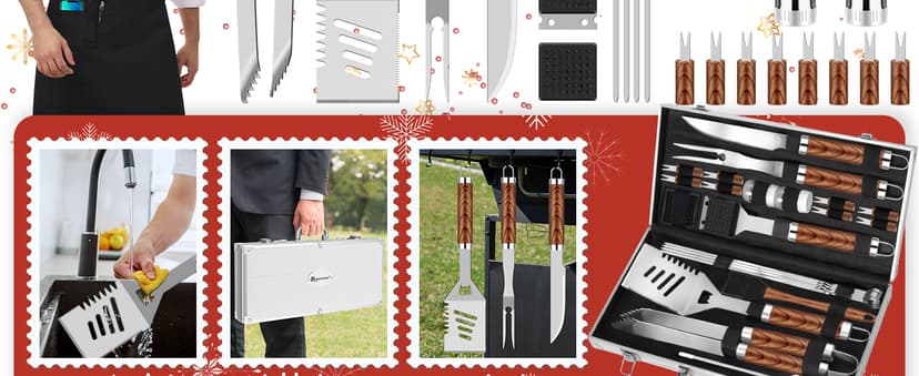 ROMANTICIST 26pcs Stainless Steel Grill Tool Set, Heavy Duty BBQ Grilling Accessories Gifts for Men Dad, Non-Slip Grill Utensils Kit with Apron, Thermometer, Mats in Aluminum Case for Christmas Brown