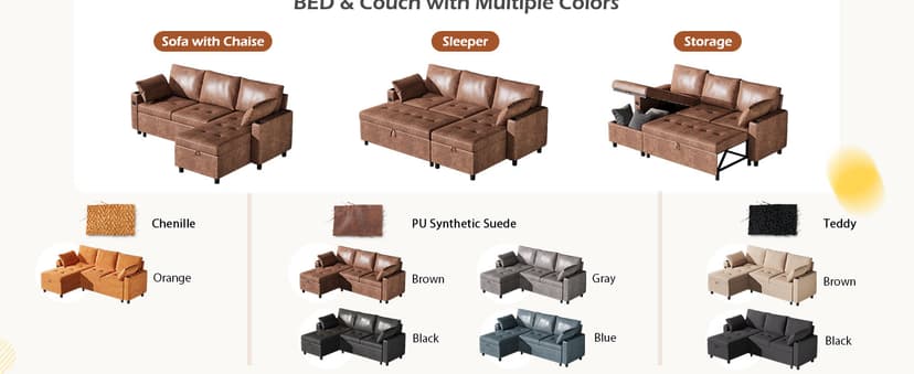 JFHID Leather Sleeper Sofa Couch with Pullout Bed, 80'' Sofa Bed Pull Out Couch with Reversible Storage Chaise, Sectional Couches with USB Charging Ports&Cup Holders for Living Room, Brown