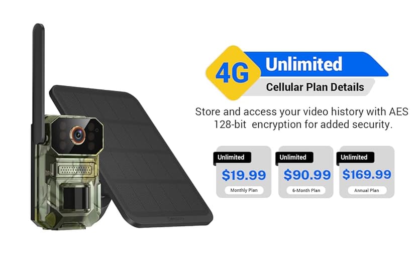 4G LTE Cellular Trail Camera with Solar Panel, 1080p Full HD Game Cameras, Live View, Night Vision, Motion Detection, 2-Way Talk, IP65, Built-in SIM Card, Unlimited Plan (Sold Separately)