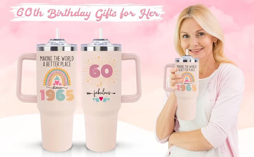 60th Birthday Gifts for Women Her, Cool 1965 60 th Birthday Gifts for Woman Turning 60 Year Old, 60th Birthday Decorations for Women Mom, 60th Birthday Gifts Ideas, 60 and Fabulous 40oz Tumbler Cup