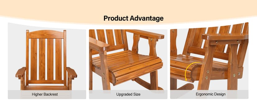 VINGLI Wooden Rocking Chair, Patio Rocker with Higher Backrest, Heavy Duty 600 LBS Outdoor Rocking Chair for Garden, Yard, Balcony, Teak