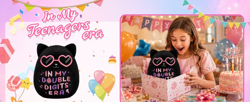 In My Official Teenager Era Gifts, 8" Soft Cute Plushie for Teens Birthday Party Decor 13 Year Old Girl Gifts, Black Cat Birthday Stuffed Animal B0GYX9123J