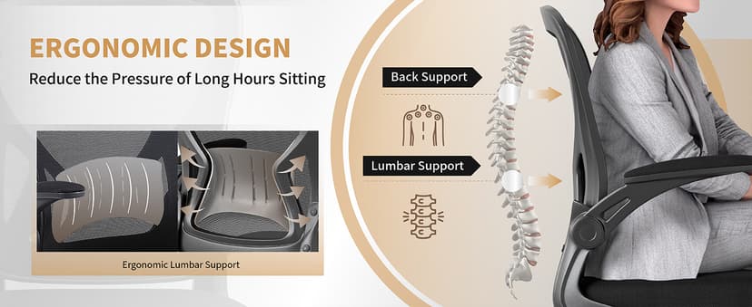 Youhauchair Mesh Office Chair, Ergonomic Home Office Desk Chairs with Flip-up Arms and Lumbar Support, Height Adjustable, Black