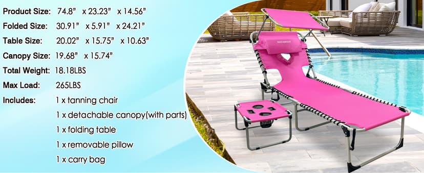 Outdoor Tanning Chair with Sun Canopy Shade & Face Hole, Folding Lounge Chair with Beach Table and Carry Bag for Poolside Sunbathing Lawn