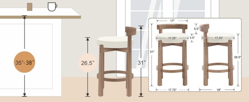 LukeAlon Mid Century Linen Counter Stools Set of 3, Upholstered 26.5" Seat Height Low Barstools with Natural Wood Legs Round Low Back Kitchen Stools with Footrest for Dining Room, Beige