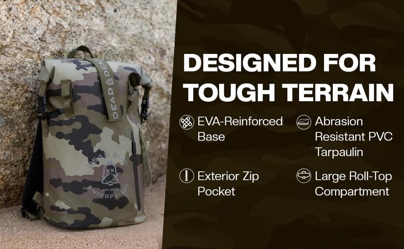 Dead Bird Enterprises Roll Top Waterproof Backpack, 25L Camouflage Pattern Dry Bag with MOLLE Loops and Adjustable Straps, WaterTight Duck Hunting Backpack for Camping, Hiking and Outdoor Travel
