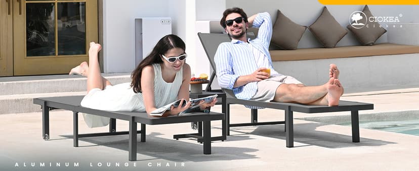 Ciokea Aluminum Chaise Lounge Chair Outdoor with Wheels, Patio Lounge Chair with Adjustable 5-Position Recliner and Full Flat Tanning Chair for Patio, Beach, Pool, Grey