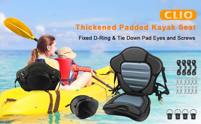 Kayak Seat Deluxe Padded Fishing Boat Seat Deluxe Sit-On-Top Canoe Seat Cushioned - Comfortable Backrest Support Universal Sit with Adjustable Back Strap Detachable Storage Bag