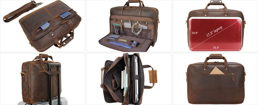 Masa Kawa Leather Briefcase for Men 17/15.6" Laptop Crossbody Shoulder Messenger Bag Business Travel Work Attache Case