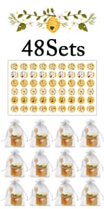 Aliggbent 48 Pack Mini Honey Jars Party Favors in Bulk, 1.5 oz Small Hexagon Glass Honey Jars with Dippers, Lids, Cute Stickers, Bee Charms, Gift Bags and Jute for Baby Showers, Weddings & Birthdays