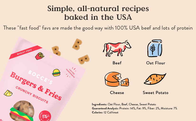 Bocce's Bakery - Limited Edition Wheat-Free Dog Treats, Burgers & Fries Biscuits, 5 oz