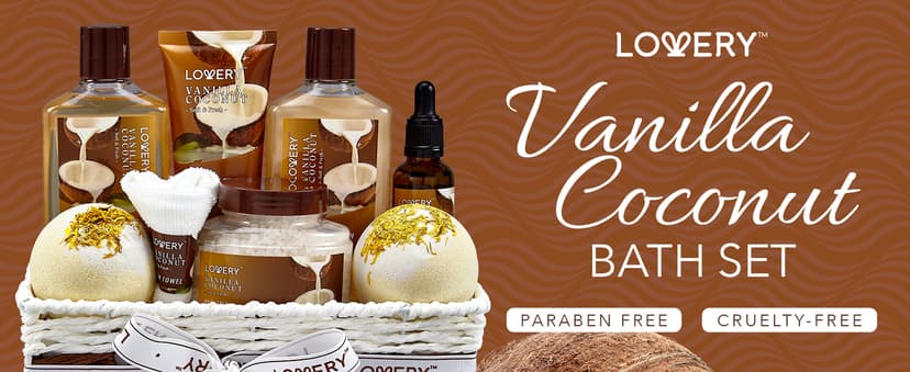 Gifts For Women Gift Basket for Women– 9 Piece Set of Vanilla Coconut Home Spa Set, Includes Fragrant Lotions, Extra Large Bath Bombs, Coconut Oil, Luxurious Bath Towel & More
