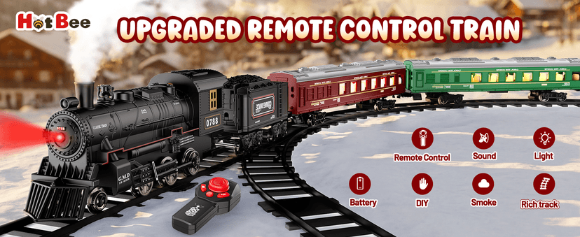 Hot Bee Train Set, Remote Control Train Toys with Luxury Track & Glowing Passenger Carriages, Metal Christmas Tree Train with Smoke, Light and Sound, Toy Train Set for 3 4 5 6 7+ Years Old Boys Gifts