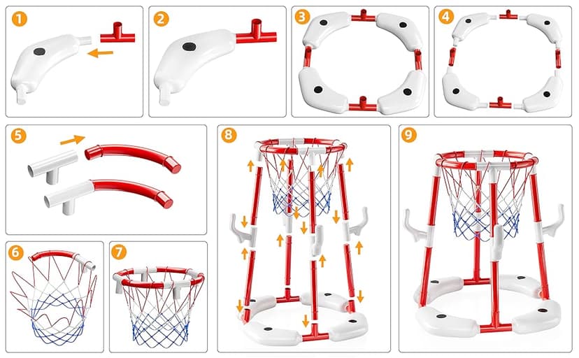 Pool Basketball Hoop, 2-in-1 Floating Pool Toys Ring Game with 4 Balls and Pump, Outdoor Swimming Pool Basketball Games Water Play Toy Family Party for Kids Adults Age 3-12 (Red)