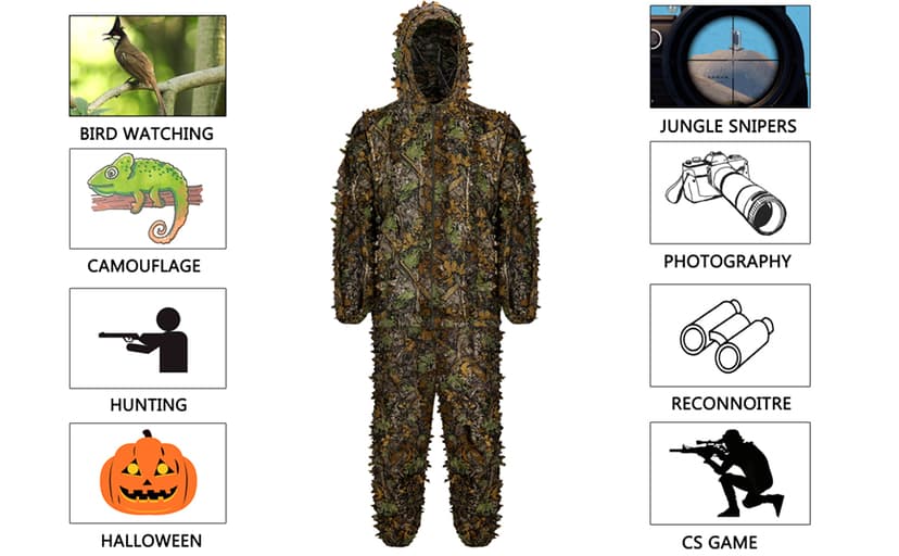Ginsco Ghillie Suit Full Face Mask Gloves Set, 3D Leafy Camo Suit for Men, Outdoor Hunting Photography