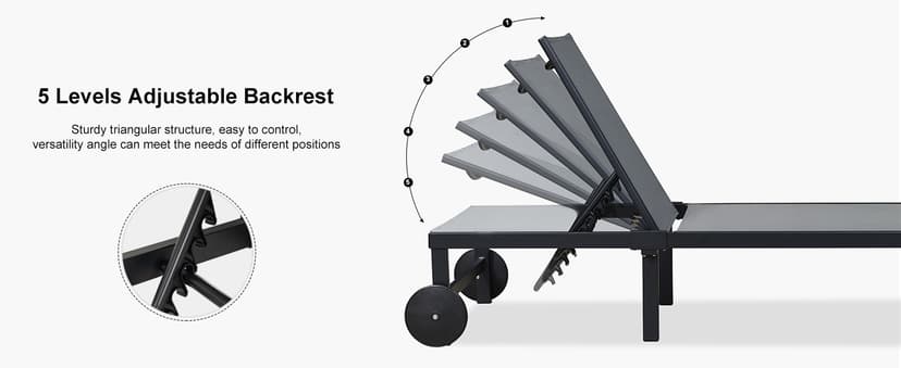 PURPLE LEAF Outdoor Chaise Lounge Chairs Set Recliner Adjustable Chair with Wheels and Table for Poolside Beach Patio Aluminum Reclining Sunbathing Lounger, Grey