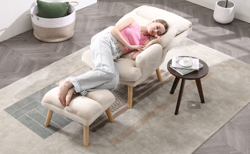 INZOY Accent Chairs with Ottoman Set, Modern Velvet Armchair with Adjustable Backrest, Comfy Lounge Chair for Living Room Bedroom, Beige
