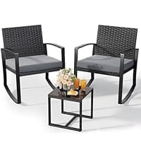 3 Pieces Outdoor Patio Furniture Set Rocking Bistro Set Outdoor Rattan Conversation with Coffee Table for Garden Balcony Backyard Poolside (Grey Cushion)