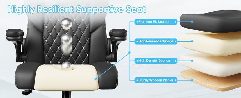 Sytas Executive Leather Office Chair, Comfy Desk Chair with Adjustable Headrest & Flip-up Padded Arms & Lumbar Support, Adjustable Hight and Tilt, Rolling Swivel Chair, Black