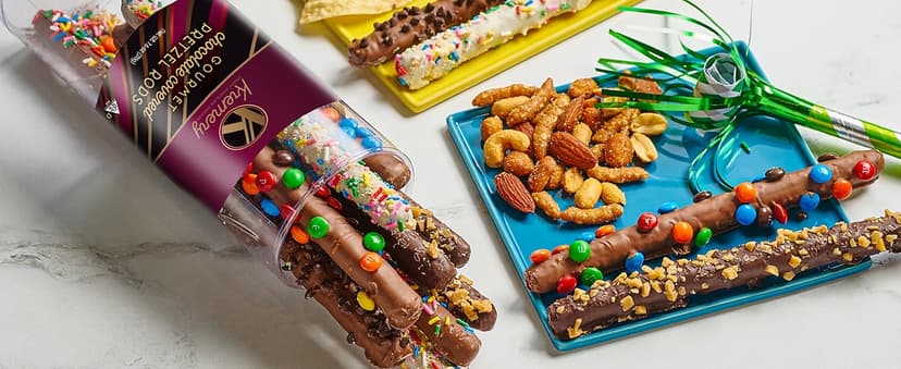 KREMERY Creamy Chocolate Cravings - Holiday Christmas Chocolate Covered Pretzel Rods Gift Basket, in Clear Tube (8 Pretzels, Assorted Sweet Toppings) Xmas Treats Food Arrangement, Kosher